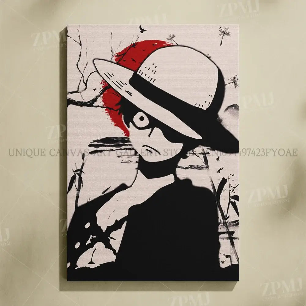 Black-and-white canvas wall art of one piece monkey d luffy wearing a white fedora with red abstract ink background