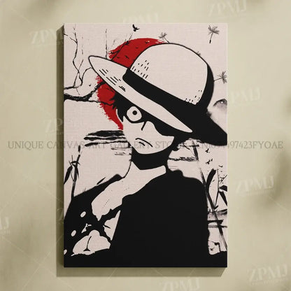 Black-and-white canvas wall art of one piece monkey d luffy wearing a white fedora with red abstract ink background