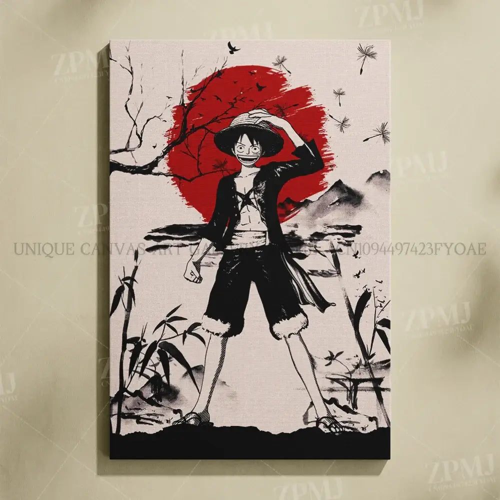 Black-and-white canvas wall art of one piece monkey d luffy with a red sun and ink-wash trees and bamboo no frame