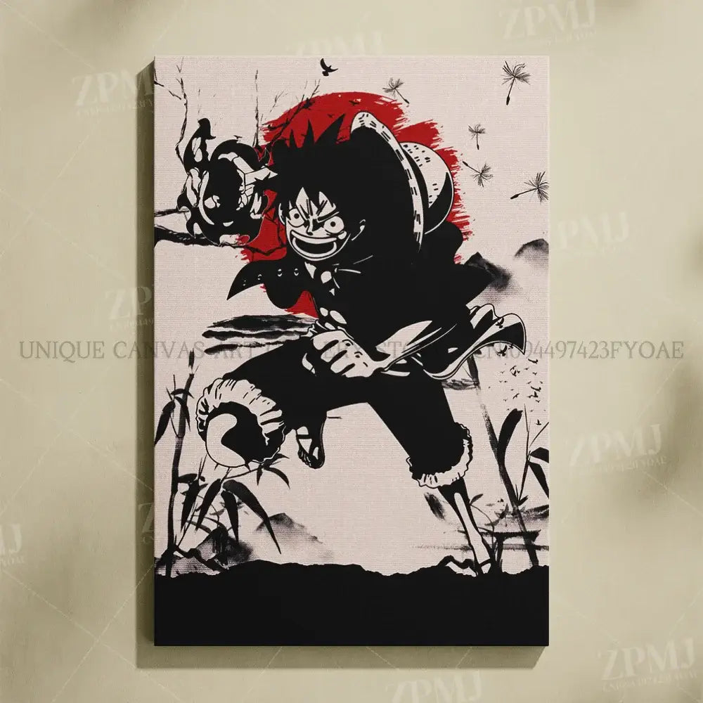 Black and white ink style monkey d luffy canvas wall art featuring a detailed no frame design for wall art display