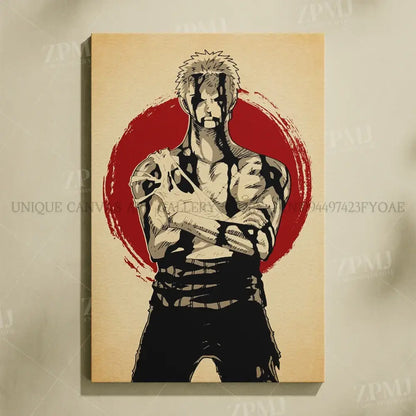 One Piece Monkey D Luffy black and white muscular anime wall art with red background on beige canvas no frame