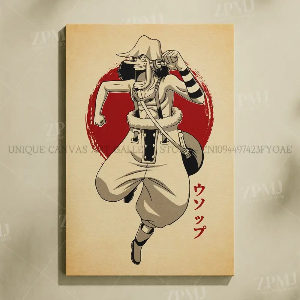 Beige canvas wall art featuring stylized usopp from one piece in dynamic motion with red circular background