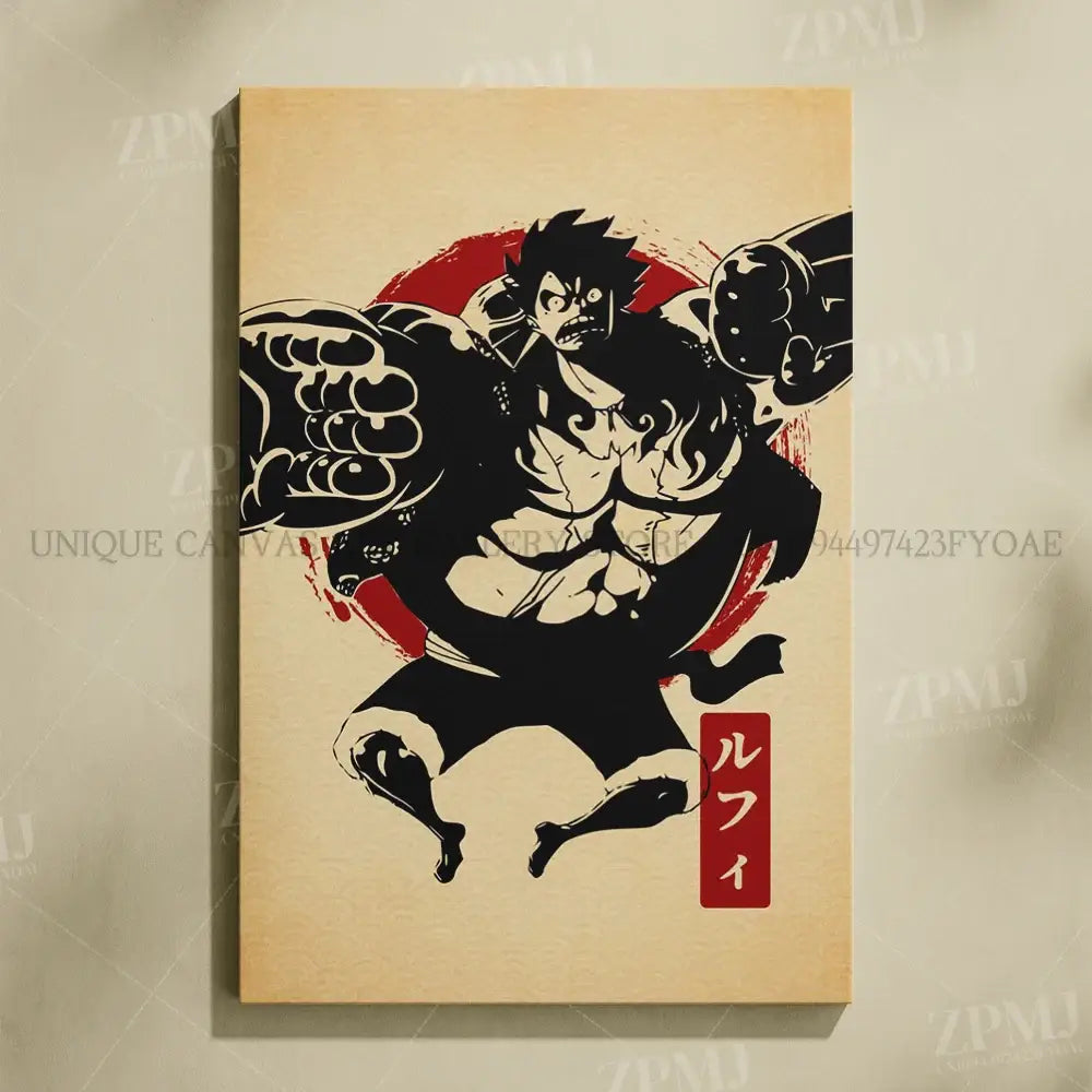 One piece monkey d luffy black and red stylized wall art on beige canvas with japanese characters no frame