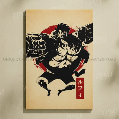 One piece monkey d luffy black and red stylized wall art on beige canvas with japanese characters no frame