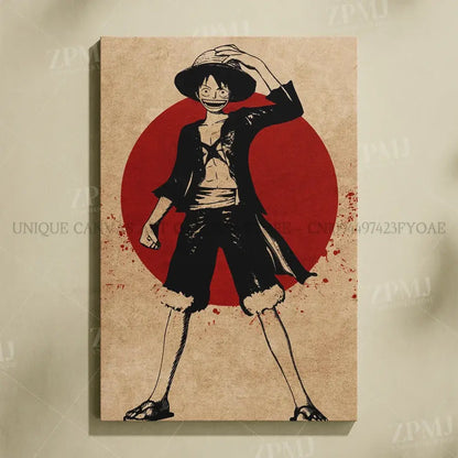 Black and white illustrated canvas wall art featuring monkey d luffy from one piece no frame design