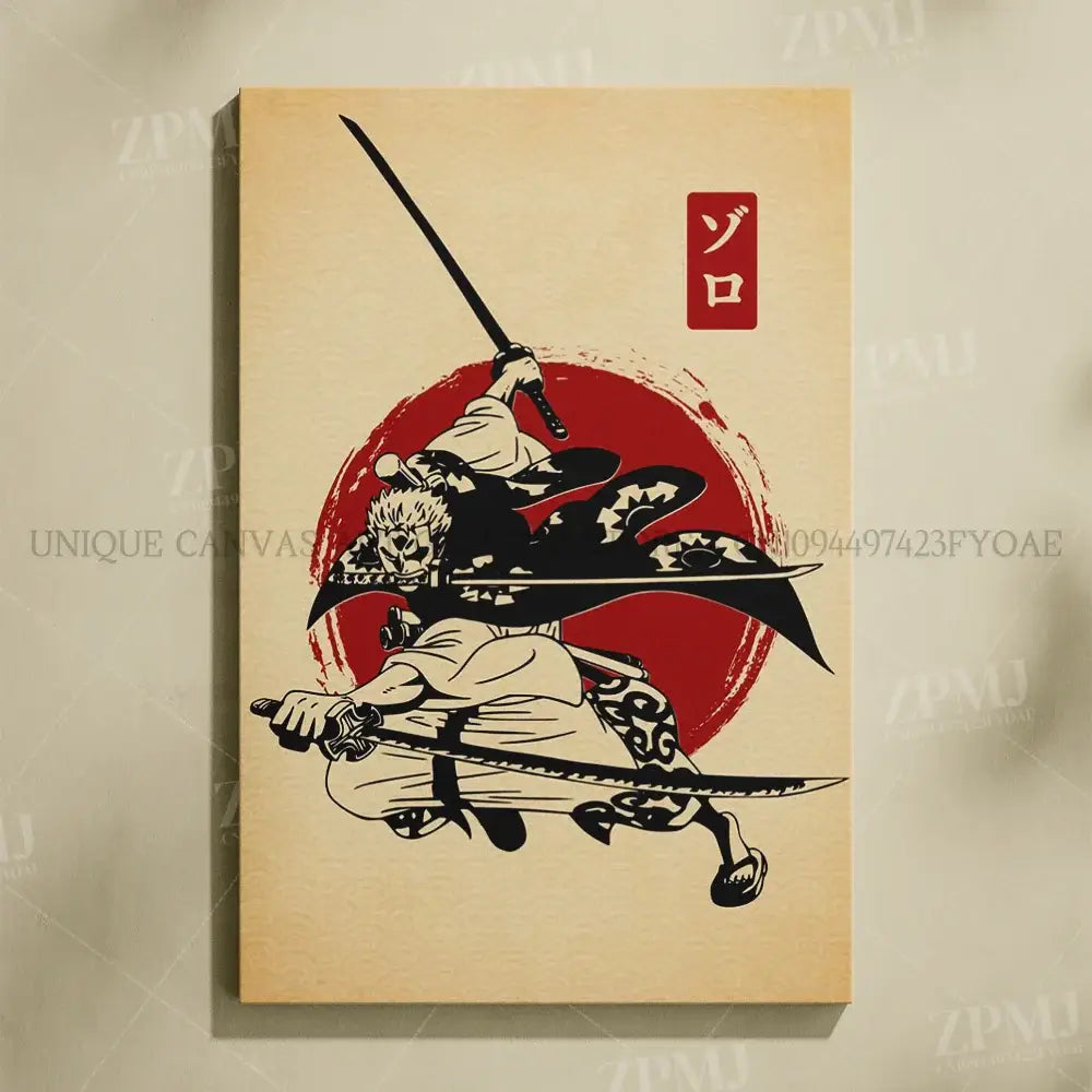 Beige canvas wall art featuring black and white zoro illustration with swords and red japanese background no frame