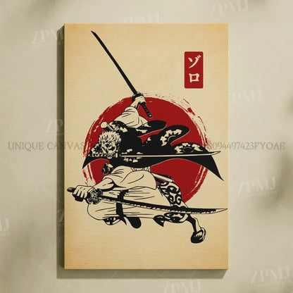 Beige canvas wall art featuring black and white zoro illustration with swords and red japanese background no frame