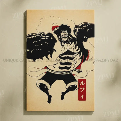 Beige canvas wall art featuring bold black and red stylized illustration of monkey d luffy with his name in japanese