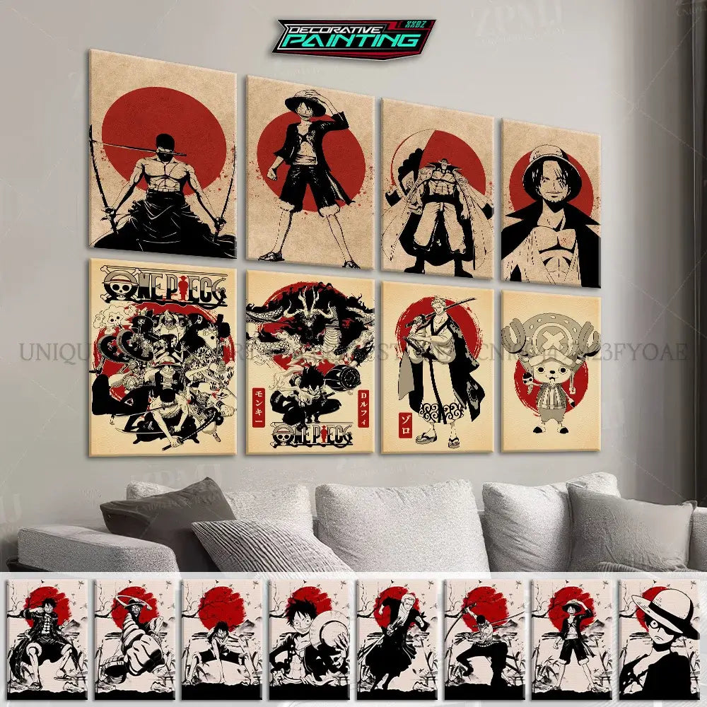 Set of nine vintage-style one piece monkey d luffy canvas wall art posters with black and white illustrations and red motifs
