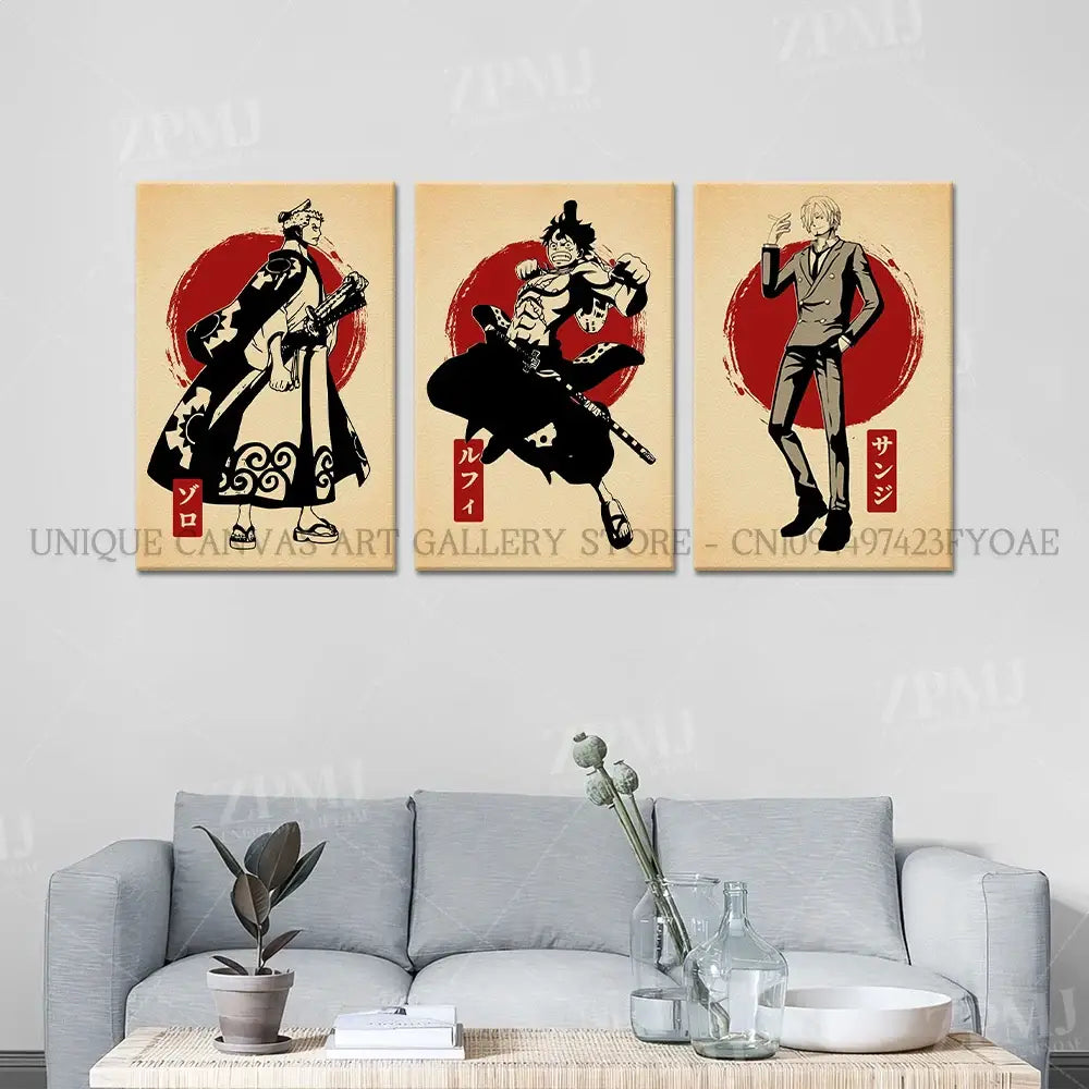 Set of three vintage-style one piece monkey d luffy canvas wall art prints with red circular backgrounds no frame