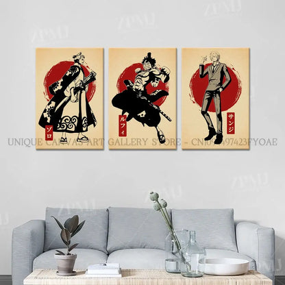Set of three vintage-style one piece monkey d luffy canvas wall art prints with red circular backgrounds no frame