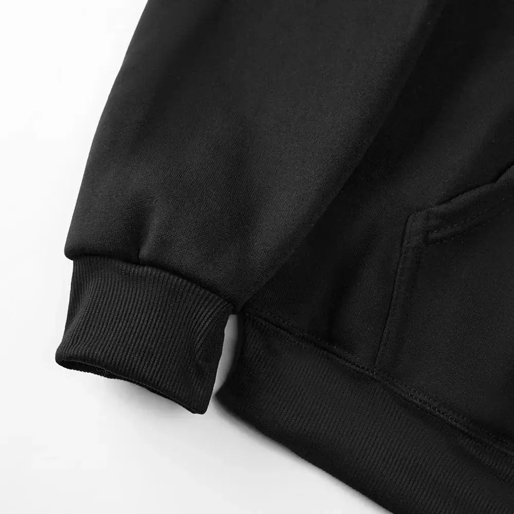 Black cotton one piece monkey d luffy hoodie with ribbed cuffs long sleeve and front pocket print design