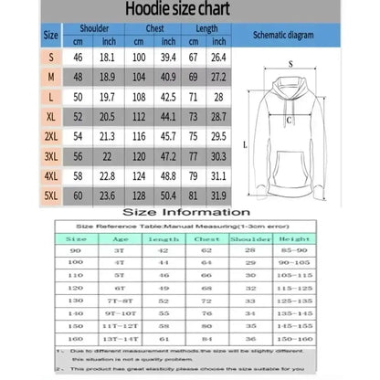 Hoodie size chart in cm and inch for one piece monkey d luffy hoodie with schematic diagram for sizes s to 5xl