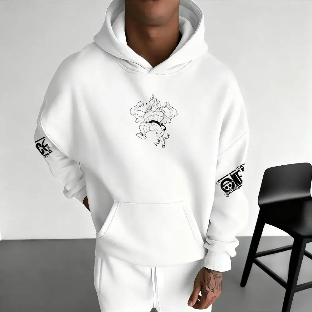 White hoodie featuring black line-art of muscular monkey d luffy character with one piece branding on long sleeves