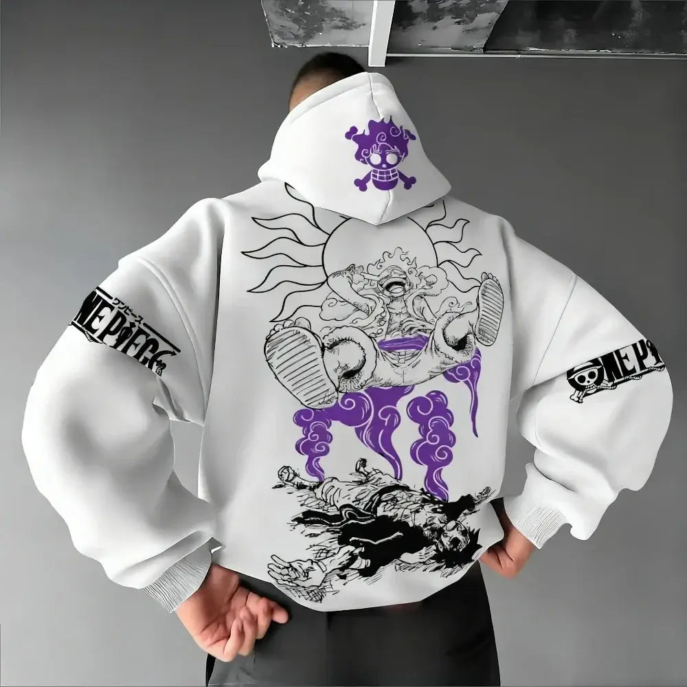 Back view of white one piece monkey d luffy long sleeve hoodie with detailed black and purple gear fourth graphic and purple skull logo on hood