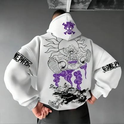 Back view of white one piece monkey d luffy long sleeve hoodie with detailed black and purple gear fourth graphic and purple skull logo on hood