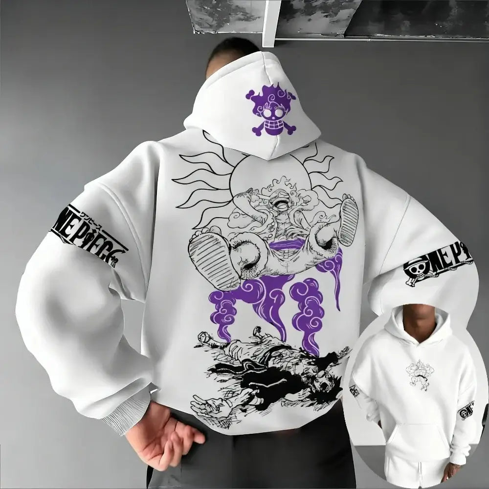 White one piece monkey d luffy long sleeve hoodie with bold black purple gear fourth graphic and jolly roger accents