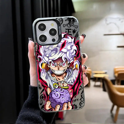 Back side of a vibrant transparent samsung galaxy fit phone case featuring anime character with white purple hair and black graffiti markings
