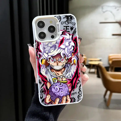 Back of a samsung galaxy fit phone case featuring a vibrant anime character with white and purple hair and skull motifs