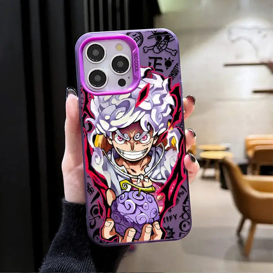 Purple samsung galaxy fit phone case featuring anime character with white hair red eyes holding purple fruit back side
