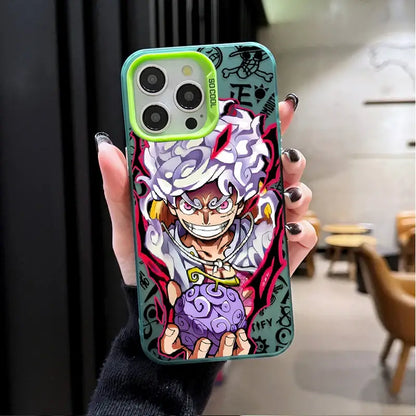 Vibrant One Piece monkey d luffy phone case for samsung galaxy fit with spiky white hair character on teal skull background