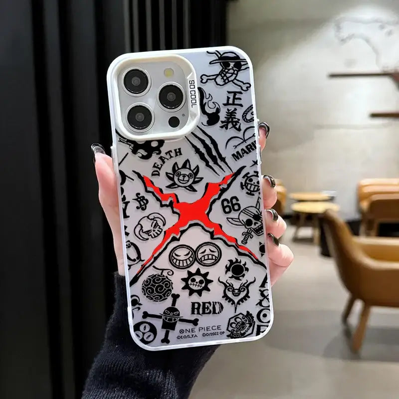 White phone case with black and red one piece design featuring monkey d luffy for samsung galaxy fit back side