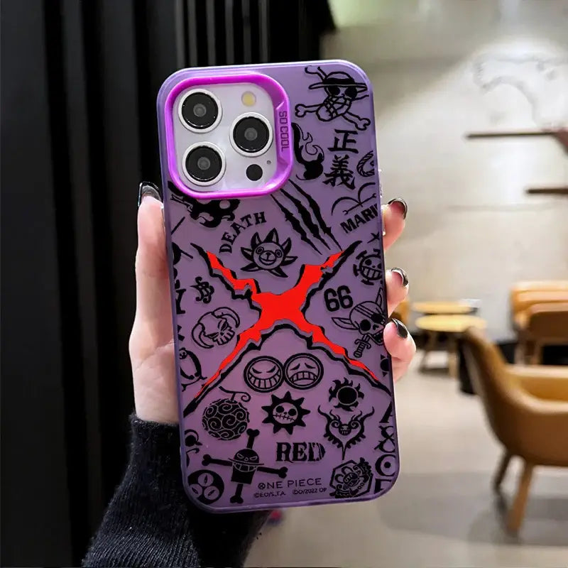Back of purple samsung galaxy fit phone case with black and red one piece monkey d luffy graphics and purple camera cutout