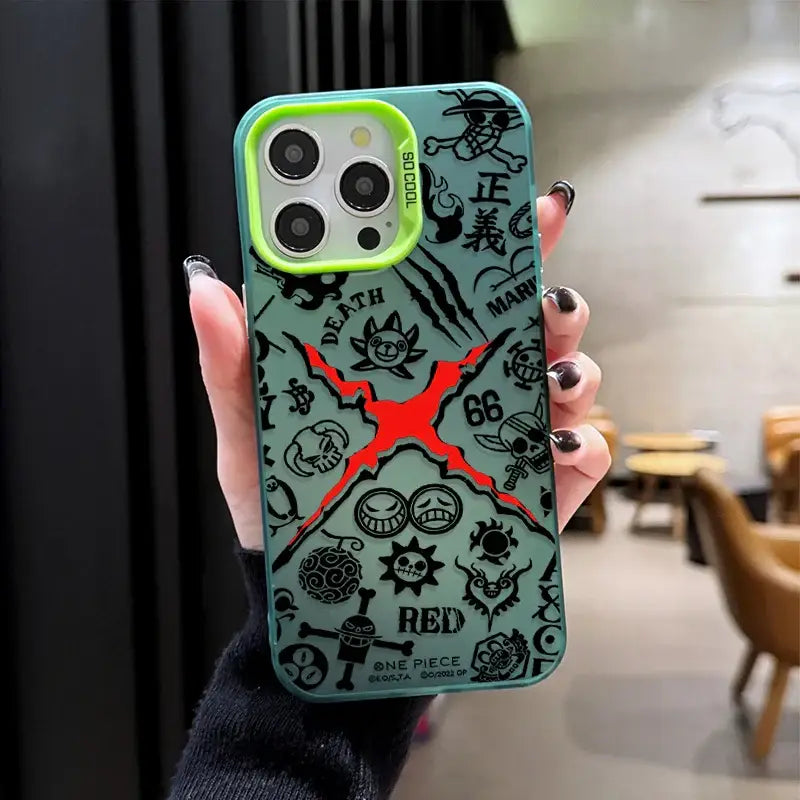 Mint green one piece monkey d luffy phone case with black and red design for samsung galaxy fit back side view