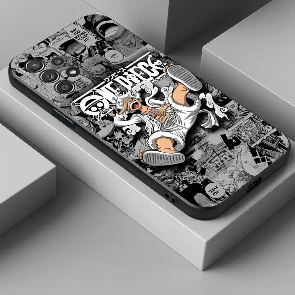 Black samsung galaxy luffy phone case featuring dynamic grayscale one piece monkey d luffy design on the back side