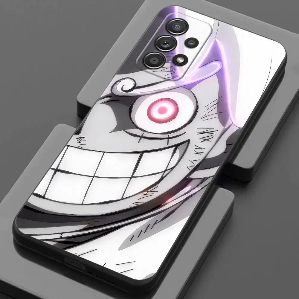 Glossy black samsung galaxy luffy phone case featuring vibrant one piece monkey d luffy anime design with purple accents back view