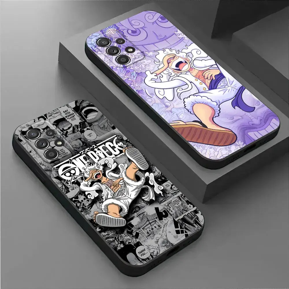 Purple and black one piece monkey d luffy phone case for samsung galaxy fit featuring anime character design on back