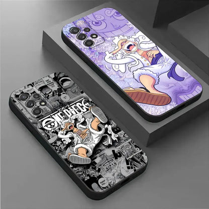 Purple and black one piece monkey d luffy phone case for samsung galaxy fit featuring anime character design on back