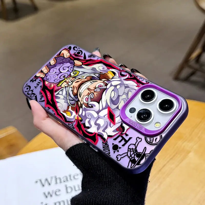 Purple and white one piece monkey d luffy phone case for samsung galaxy fit with vibrant anime graffiti design on back