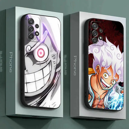 Two smartphone cases showing a menacing gray and purple face and an orange-haired anime character for samsung galaxy luffy phone case piece monkey