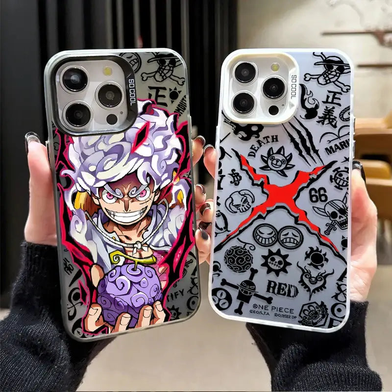 Two vibrant one piece monkey d luffy phone cases featuring a purple-haired character on the back for samsung galaxy fit