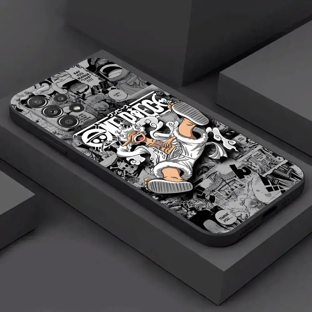 Black and white comic style samsung galaxy luffy phone case featuring sanji with bold one piece text on the back