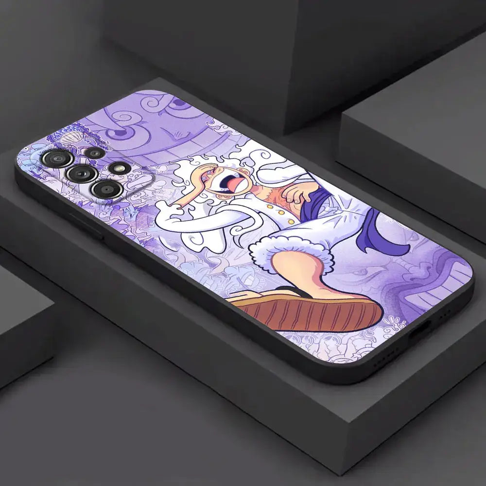 Purple and white anime samsung galaxy luffy phone case featuring monkey d luffy in a dynamic pose with swirling patterns