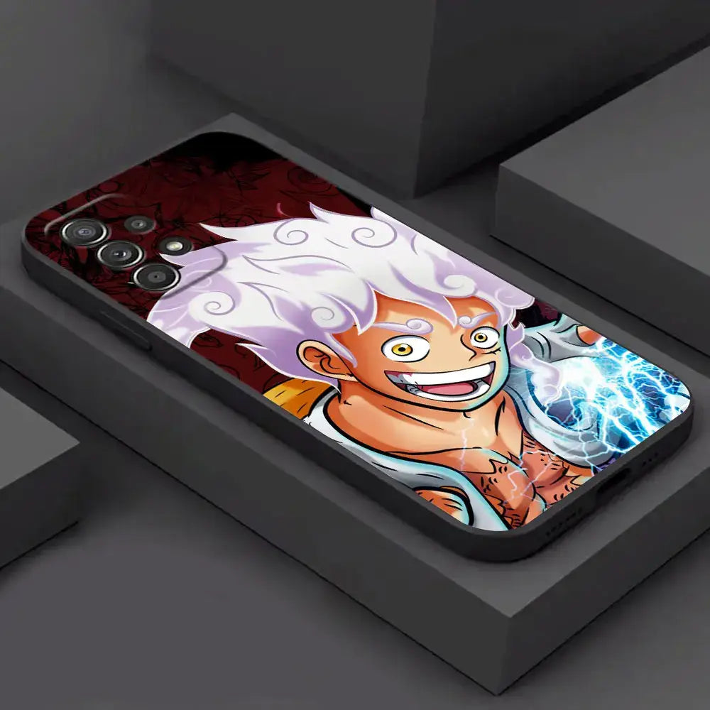 Vibrant luffy phone case for samsung galaxy fit featuring orange cartoon character with white hair and blue lightning on red background
