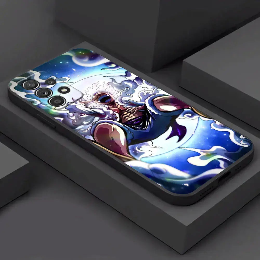 Vibrant samsung galaxy luffy phone case with glossy finish featuring one piece monkey d luffy and blue energy effects