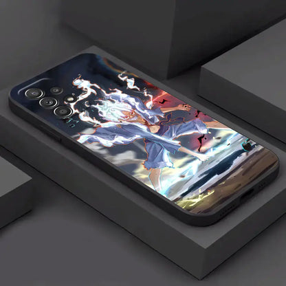 Glossy black samsung galaxy luffy phone case featuring vibrant piece monkey d luffy anime art with lightning effects