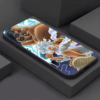 Black samsung galaxy fit phone case featuring vibrant luffy and sanji anime illustration from one piece monkey