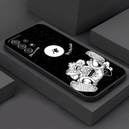 Black samsung galaxy phone case with white cosmic line art of piece monkey d luffy on the back side