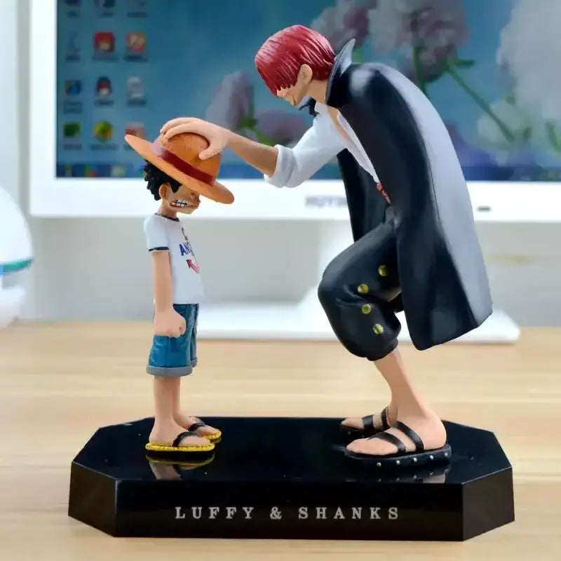 Black hexagonal base engraved with luffy and shanks holding detailed one piece monkey d luffy pvc anime figurines