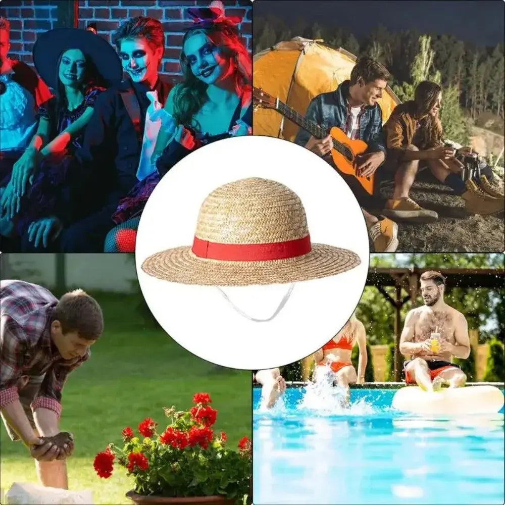 One piece monkey d luffy straw hat made of straw with wide brim and red ribbon band for sun protection 31/35cm