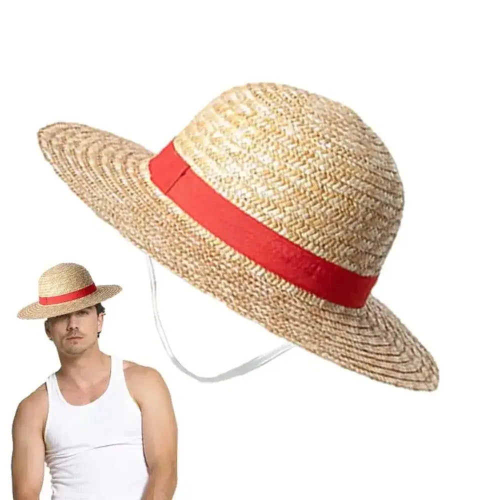 One Piece Monkey D Luffy straw hat with a wide brim and red ribbon band for sun protection, 31/35cm size