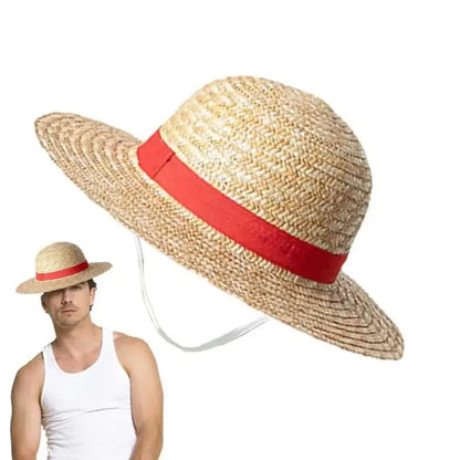 One Piece Monkey D Luffy straw hat with a wide brim and red ribbon band for sun protection, 31/35cm size