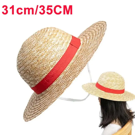 One Piece Monkey D Luffy straw hat with wide brim red ribbon woven texture and chin strap for sun protection