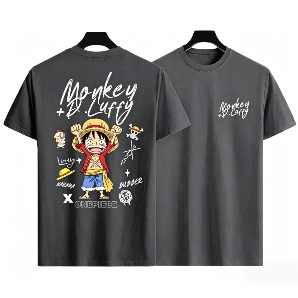 Dark gray cotton one piece monkey d luffy t-shirt with vibrant luffy graphic on front perfect for casual wear