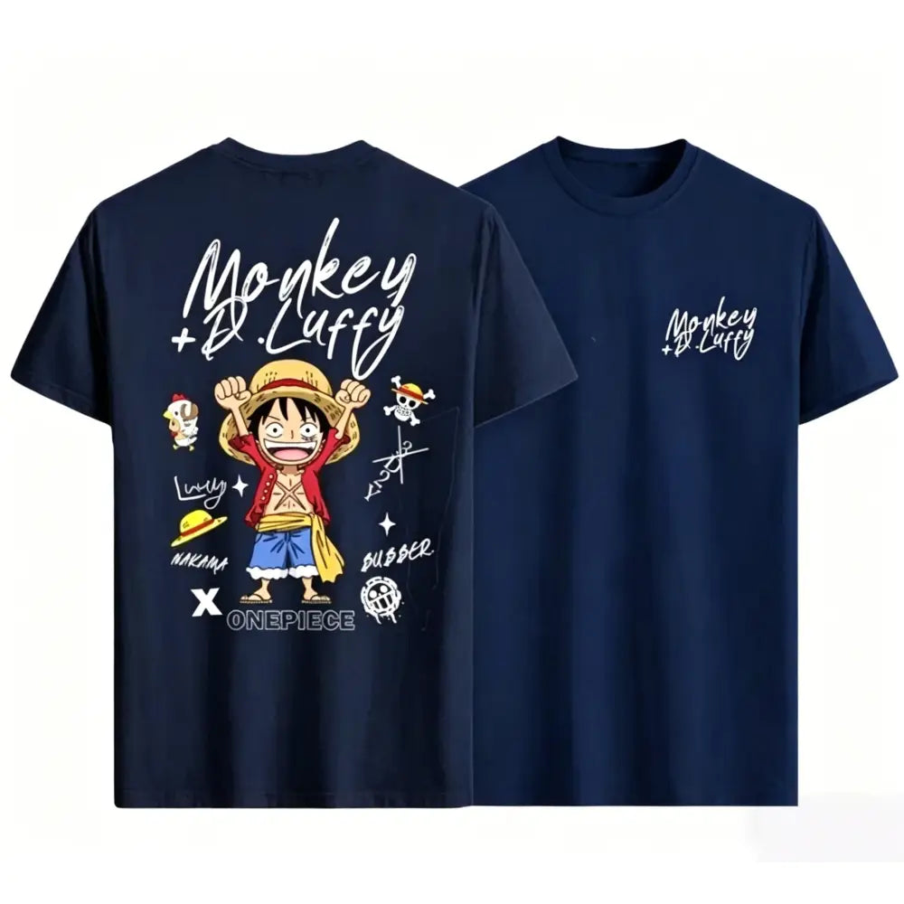 Navy blue short-sleeved cotton t-shirt featuring a vibrant piece monkey luffy graphic from one piece