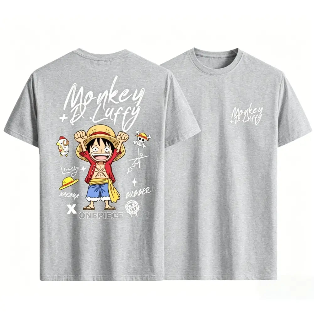 Gray cotton t-shirt with white luffy graphic featuring piece monkey d in a casual graphic tee design